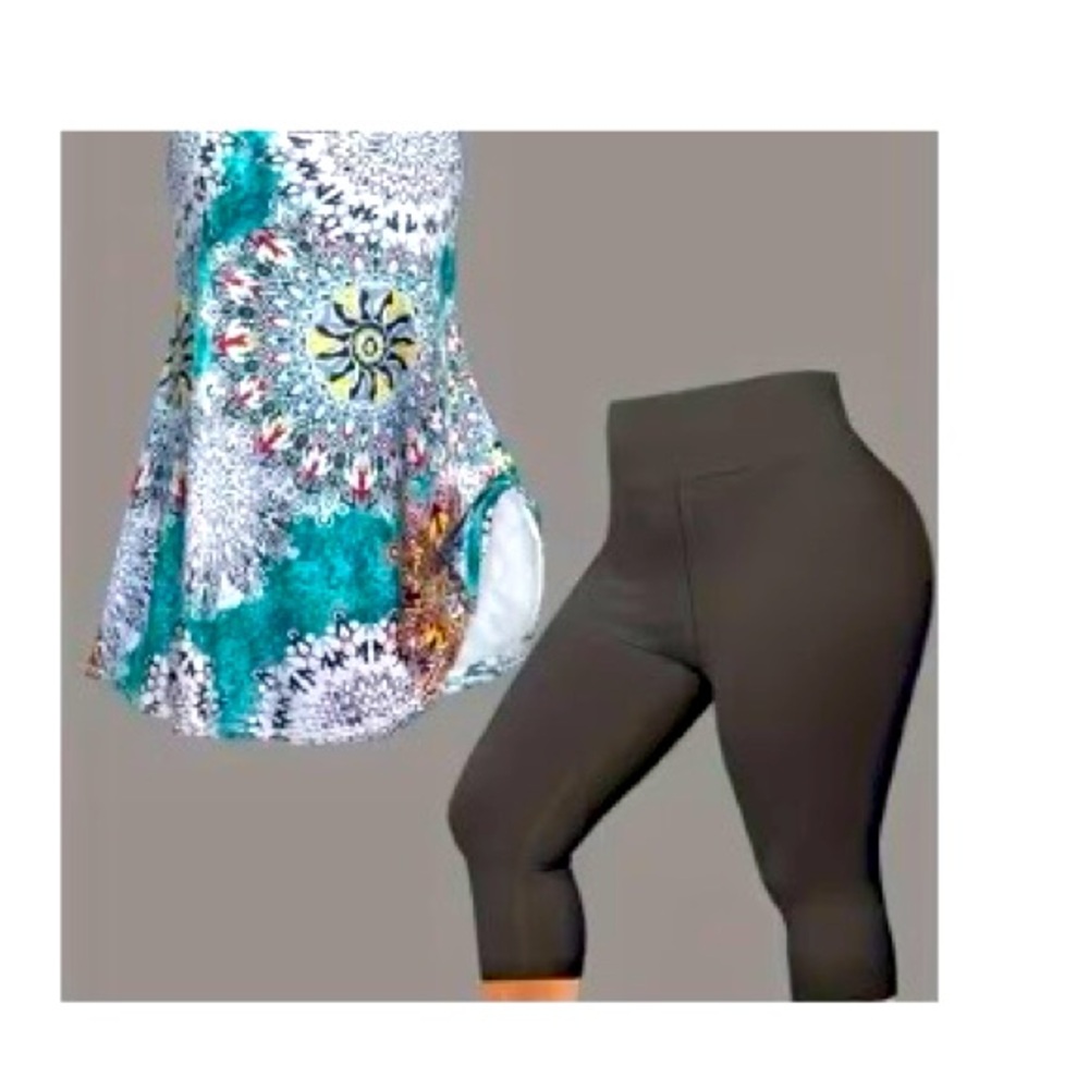 SOLD-Two Piece Colorful Sleeveless Set with Grey Capris Never Worn Size 4X